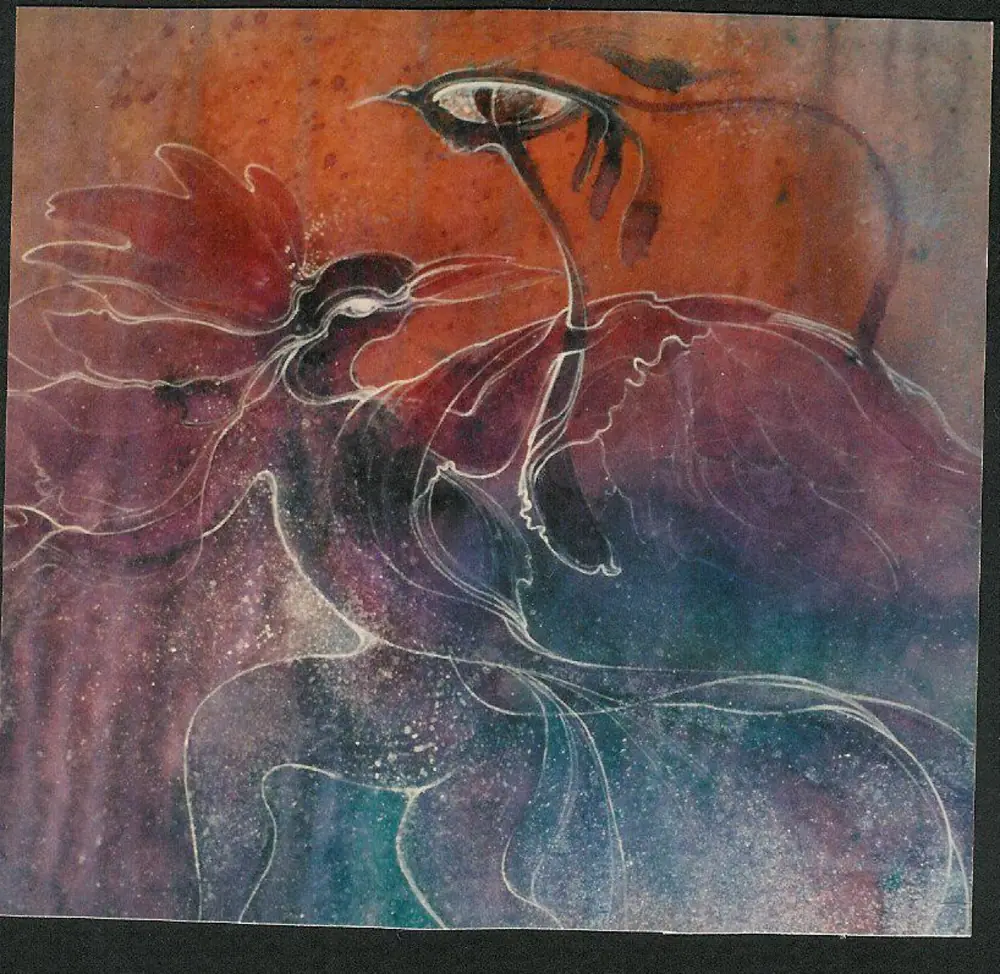 Peinture - oiseau et fleurs, encres et laques